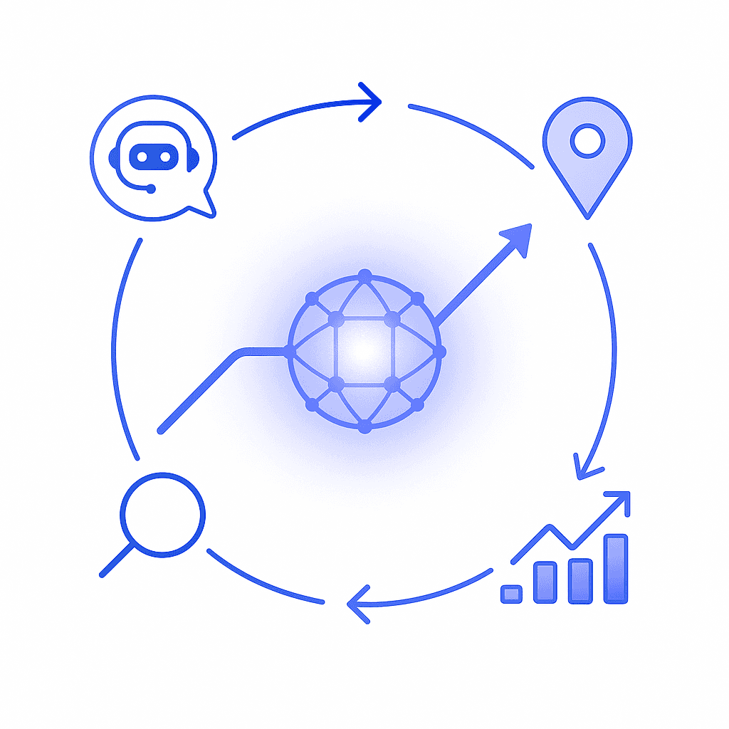 Conceptual diagram of business data flowing to multiple AI search engines for local SEO ranking gains