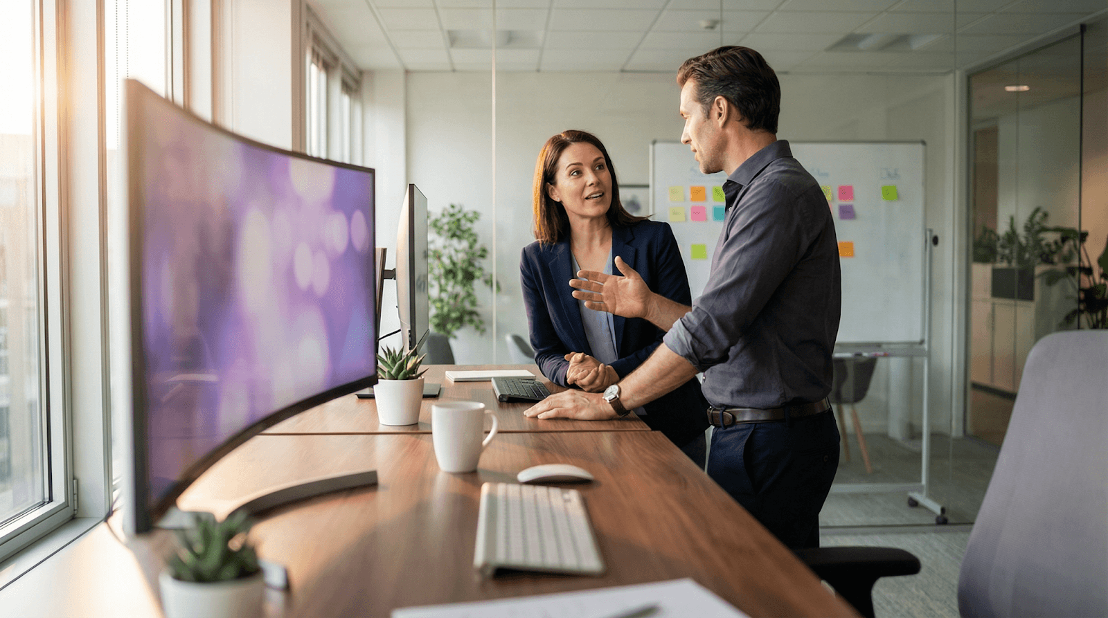 Two communications professionals in a candid strategy discussion at a standing desk in a modern corporate office with natural light