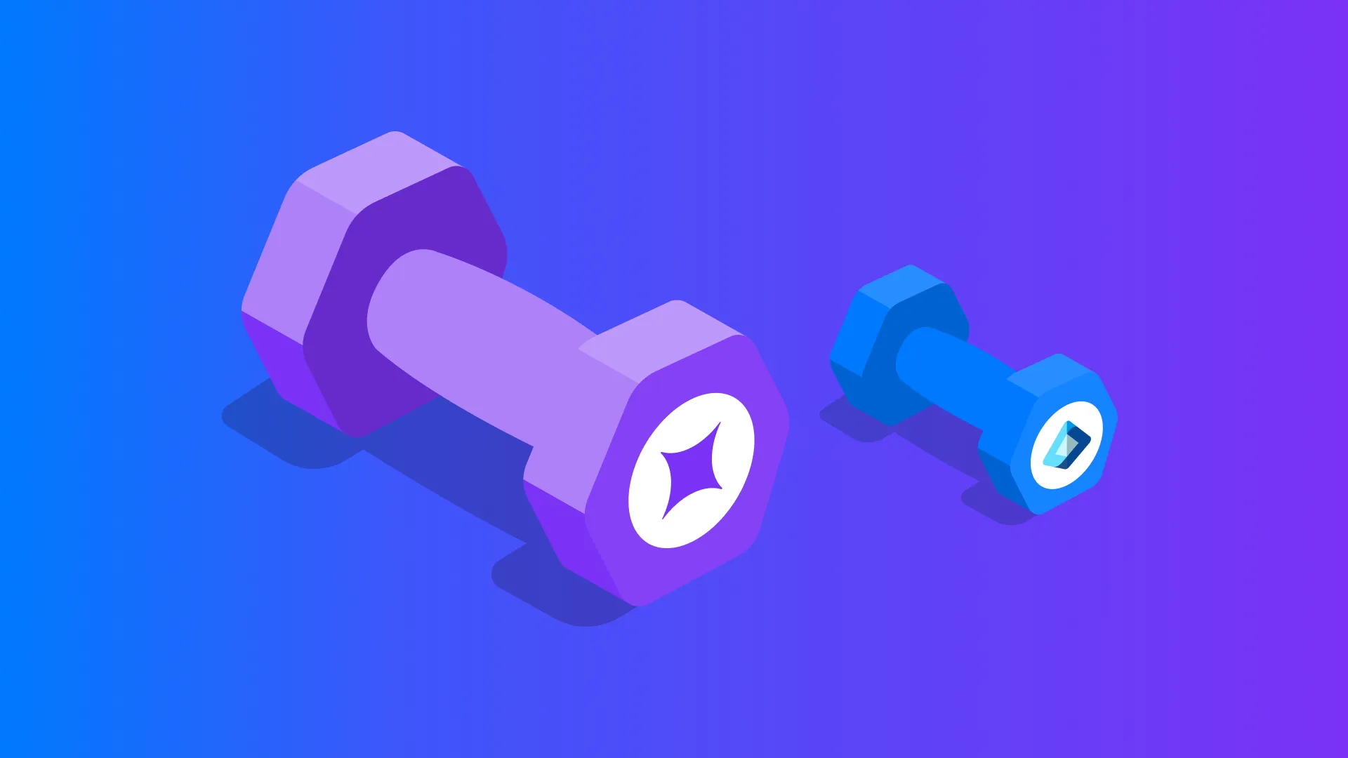 HENNGE Identity as a heavy-duty purple dumbbell beside Entra ID Free as a lightweight blue dumbbell, a strength metaphor