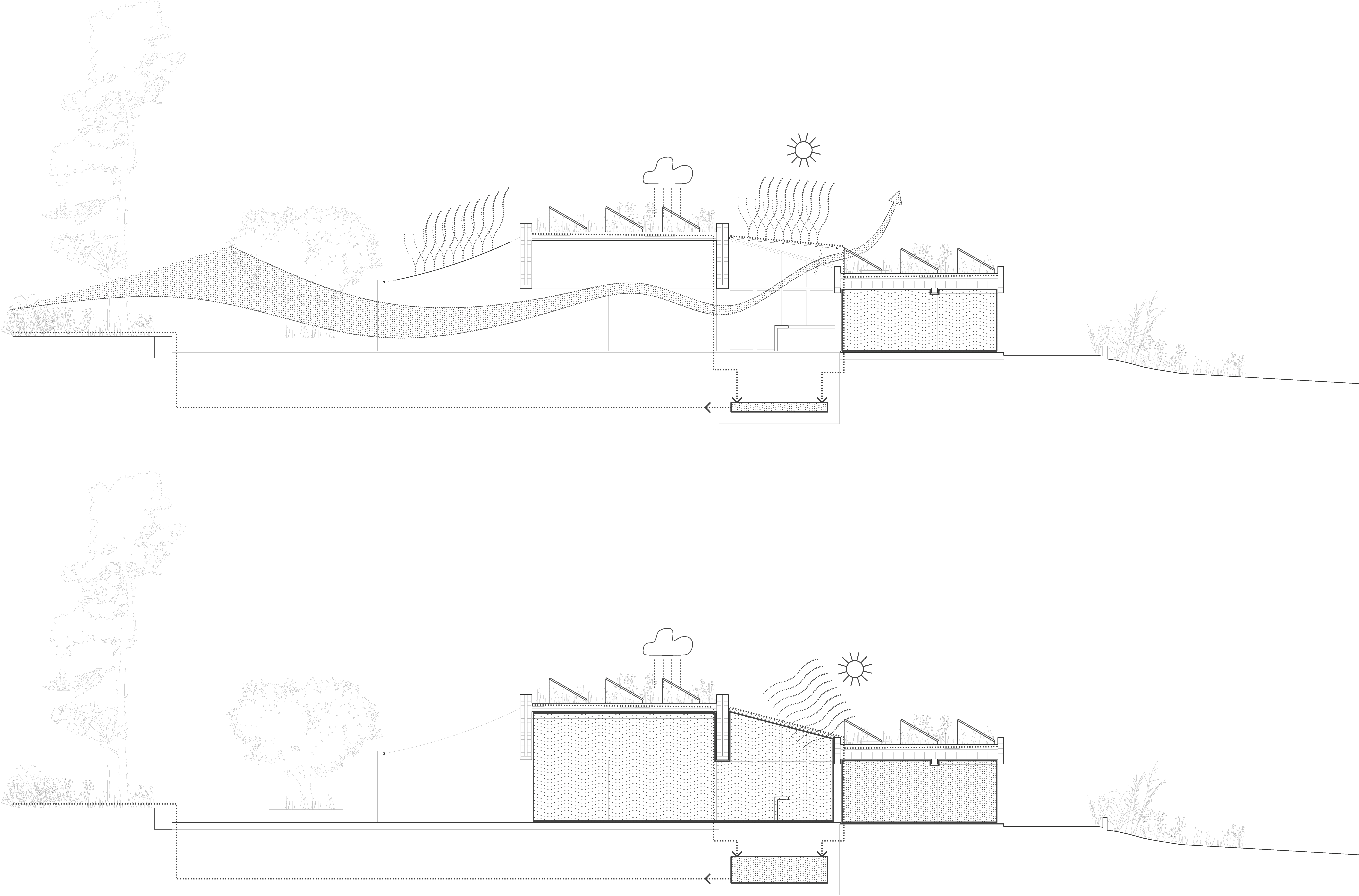 Bioclimatic behaviour section. The space is shaded and opens for ventilation during summer.