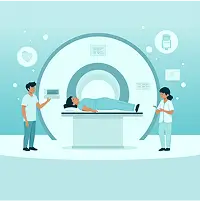 Imagem de dois profissionais em pé, enquanto há um paciente deitado para realização de exame