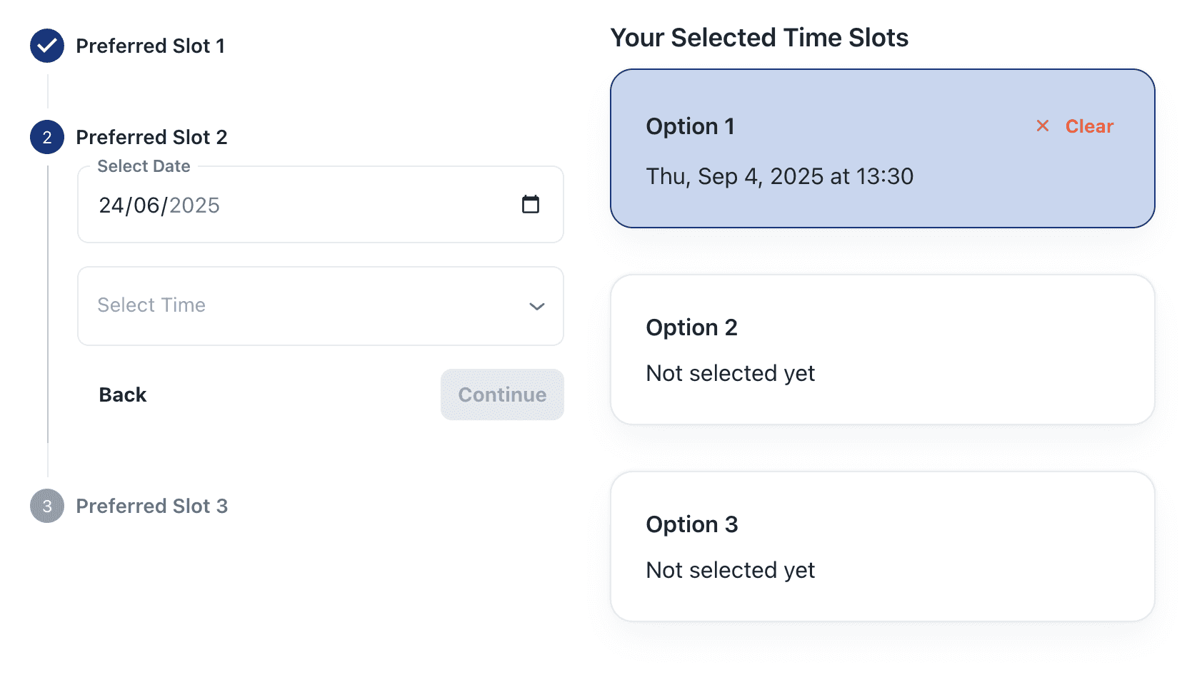 Date selection interface from Barnab’s application support platform.