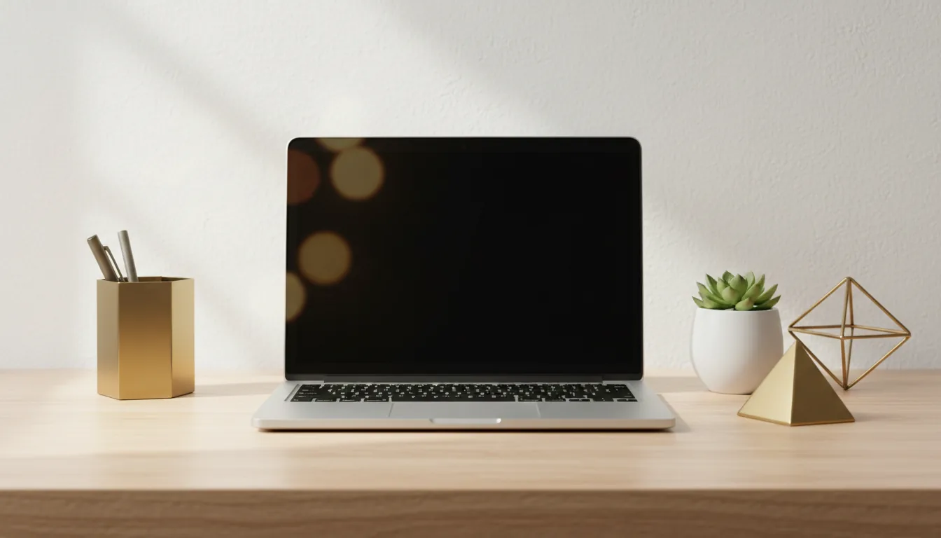 DSLR photograph of a silver aluminum laptop with a black screen, centered on a light wood grain desk in a minimalist workspace. To the left sits a matte gold geometric desk organizer, and to the right, a small succulent in a white ceramic pot and a geometric brass wireframe object. The shot is taken at eye-level with soft, diffused natural daylight, creating a shallow depth of field with the laptop in sharp focus and a softly blurred bokeh background against a plain off-white wall.