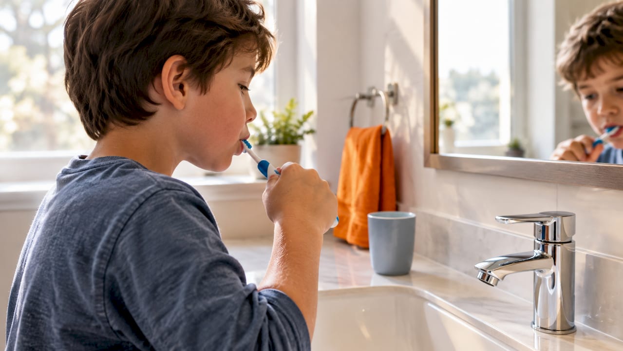 Niño cepillándose los dientes en casa