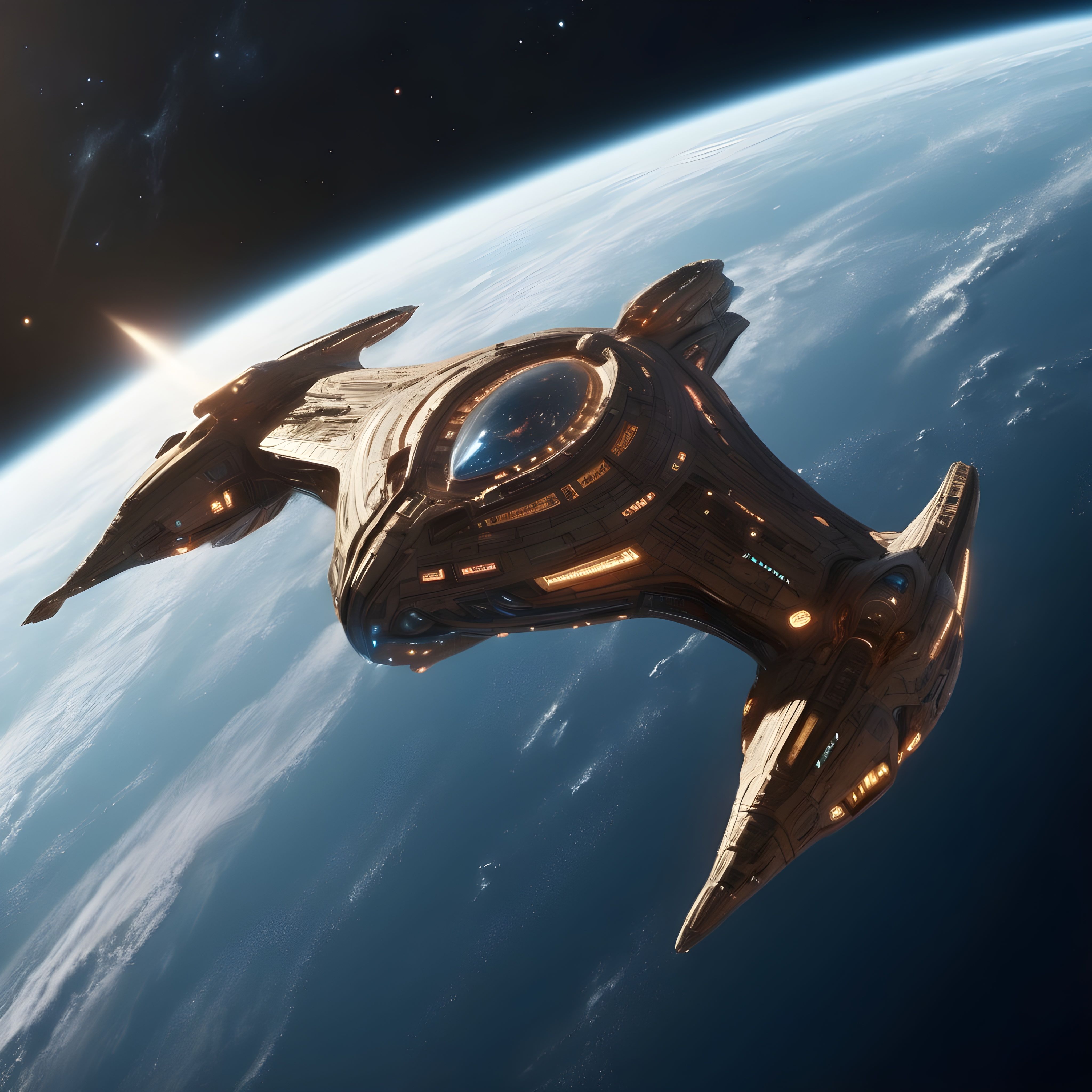 A futuristic compact gold and amber alien fighter space craft flying in orbit over a planet.