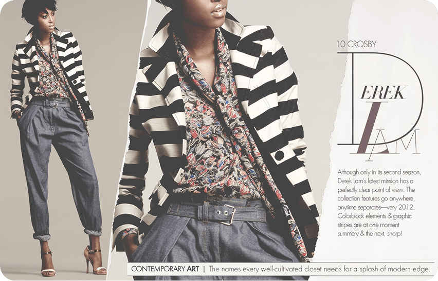 Neiman Marcus fashion editorial featuring Derek Lam striped blazer, floral top, and tailored pants styled for contemporary art