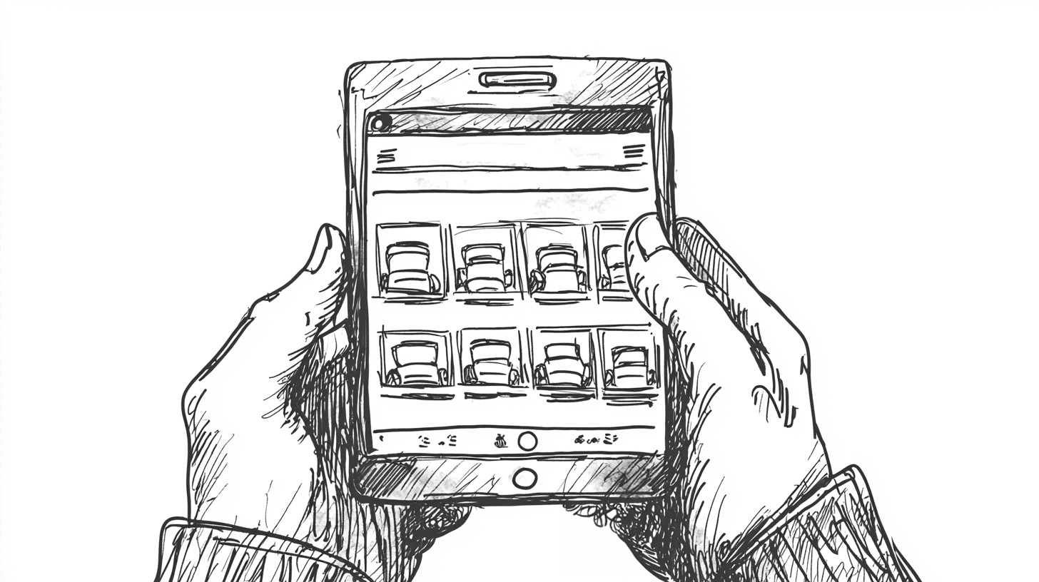 Sketch of hands holding a smartphone displaying a seat selection interface for a theater