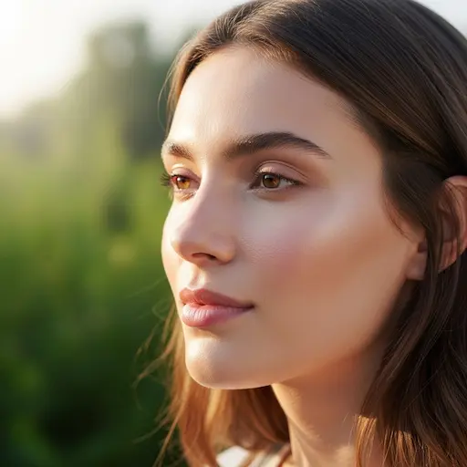 Młoda kobieta po masażu Korugi z rozświetloną, gładką skórą twarzy