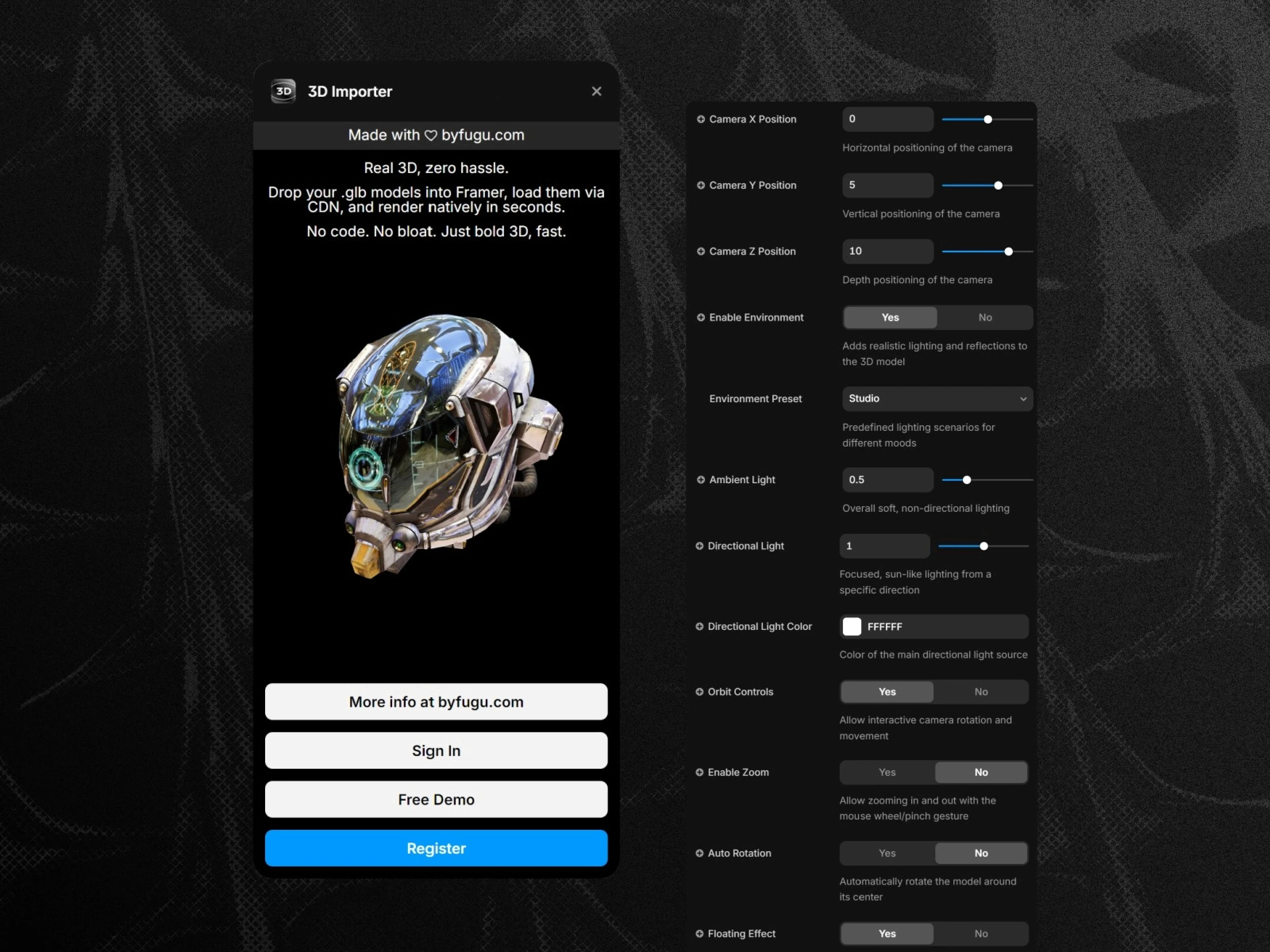 This is the 3D Importer window displaying a 3D model of a sci-fi helmet with a metallic texture on a black background, along with sliders for various lighting and camera settings.