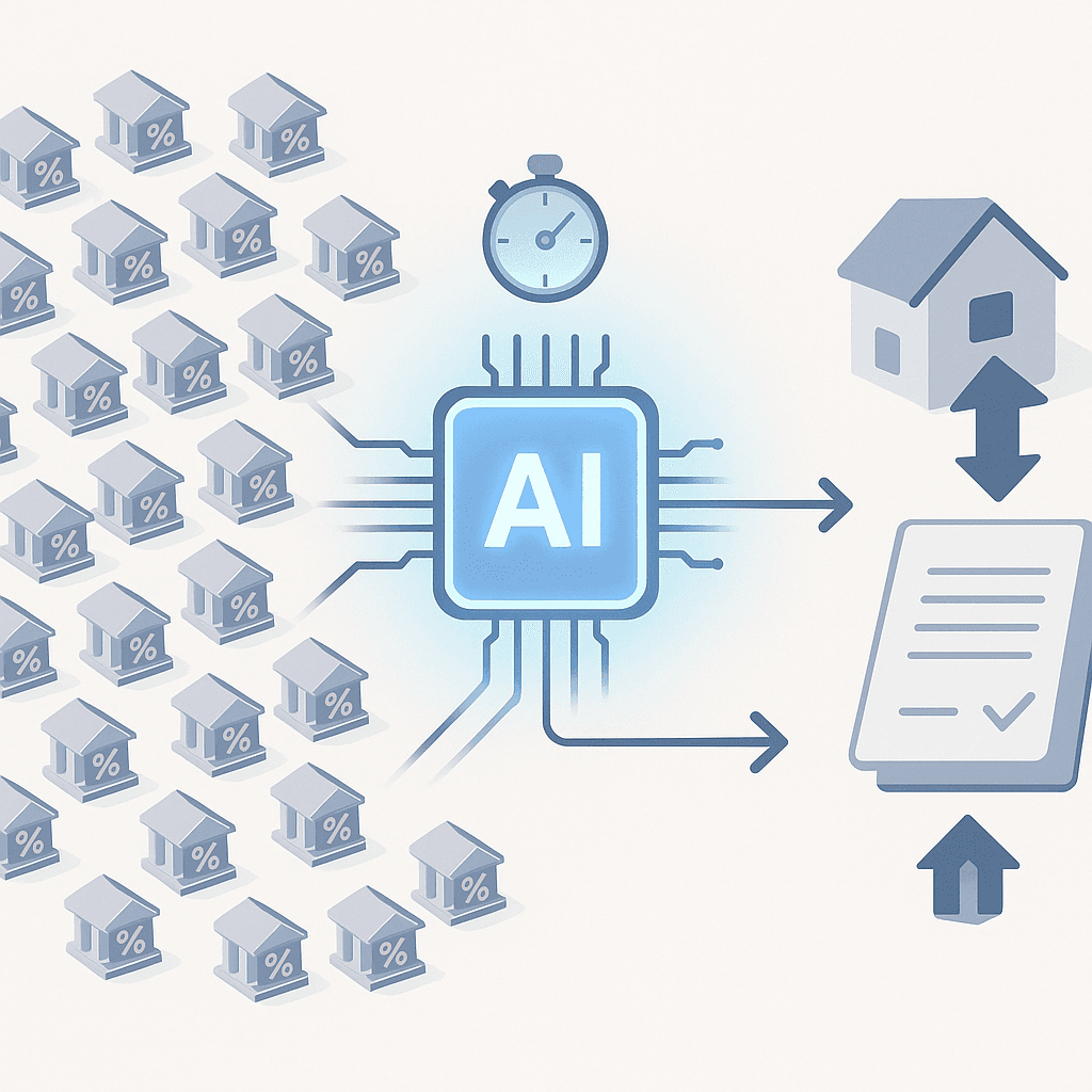 Flow graphic of many lender offers funneling through an AI chip to output one lower mortgage rate quickly