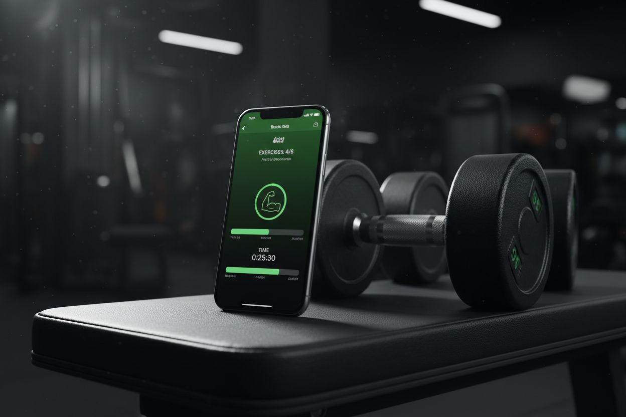 An iPhone showing a workout app next to dumbbells on a gym bench