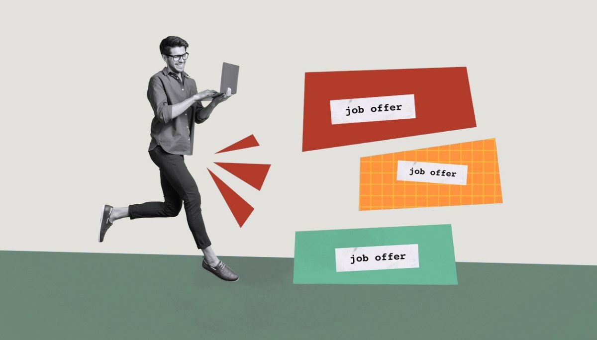 Energetic figure with laptop and multiple job offer signs, depicting urgency of exploding offers.