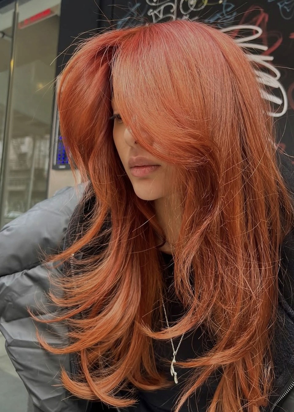 Vibrant copper hair with layered cut, red hair transformation at Que Linda NYC, best salon for copper hair