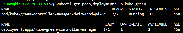 Terminal output showing the kube-green controller manager pod and deployment running in the kube-green namespace