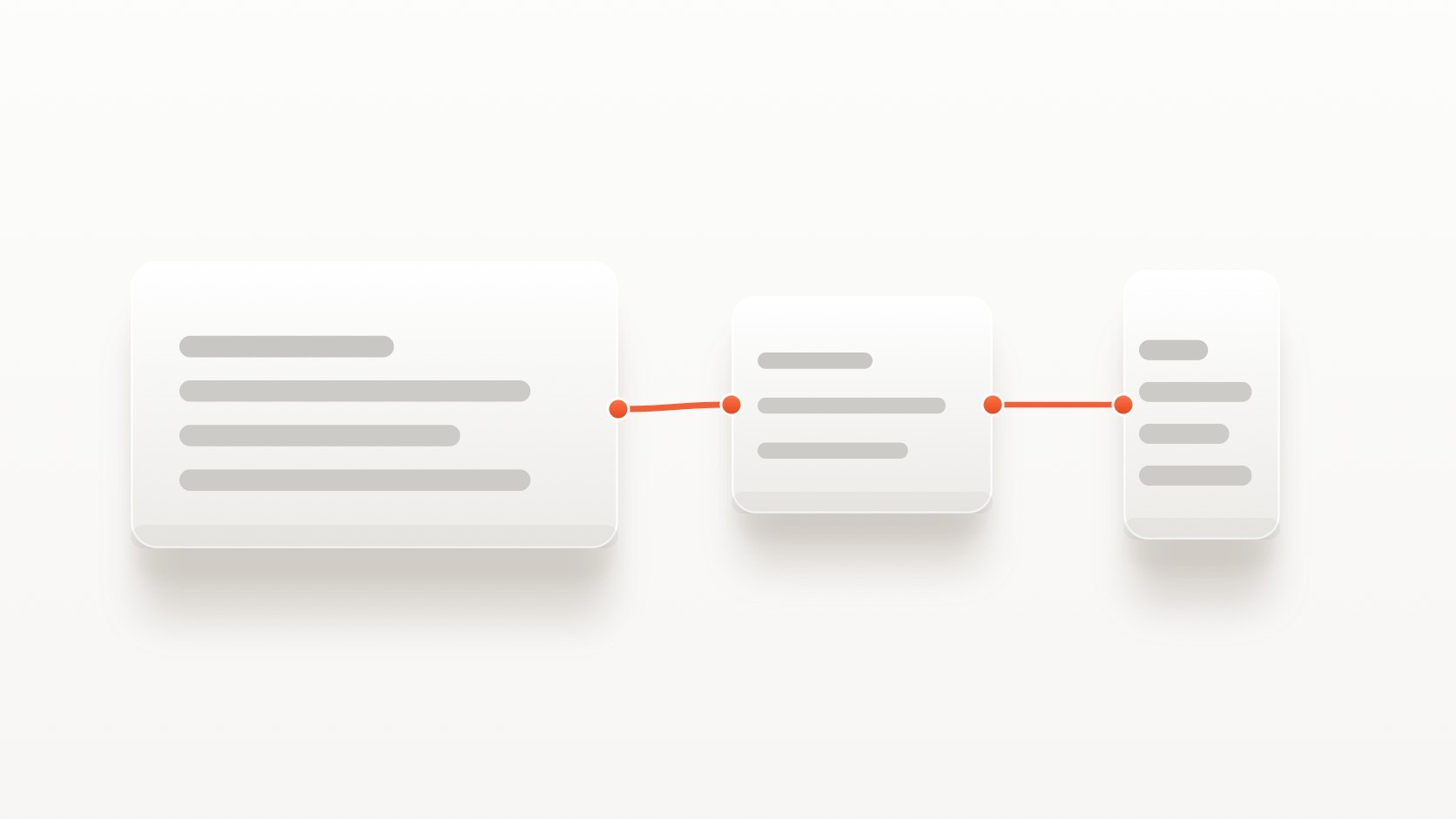 Three white cards sized for desktop, tablet and phone joined by orange lines, showing that text on smaller breakpoints follows the desktop text.