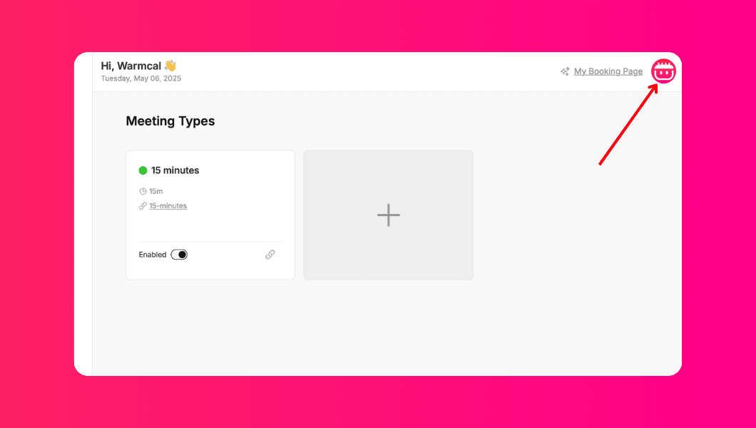  Warmcal dashboard with arrow pointing at profile image in the top-right corner