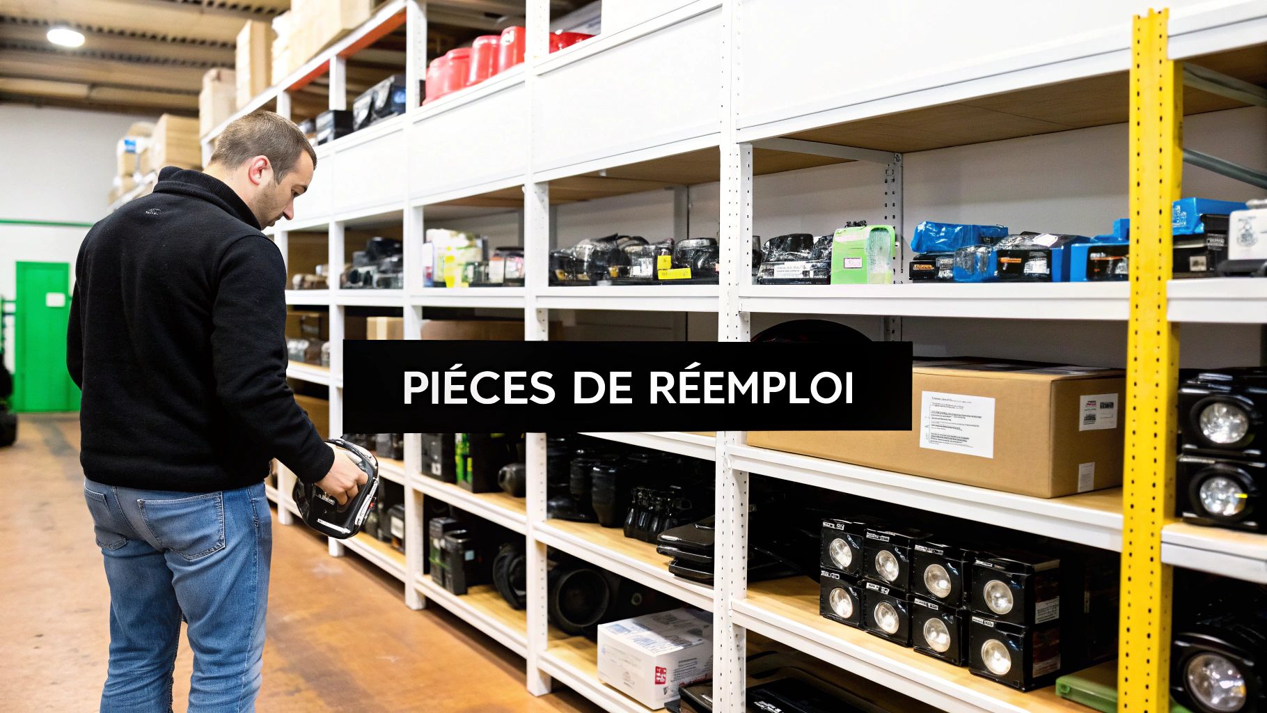 Un homme sélectionne des pièces de réemploi sur des étagères d'un entrepôt, illustrant la récupération automobile.