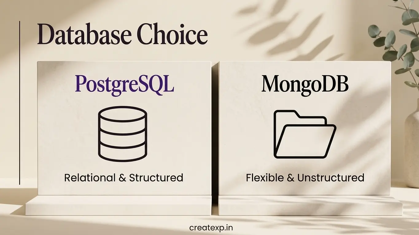 A side-by-side comparison diagram helping founders choose between PostgreSQL for structured, relational data and MongoDB for flexible, unstructured data in their SaaS tech stack.&nbsp;