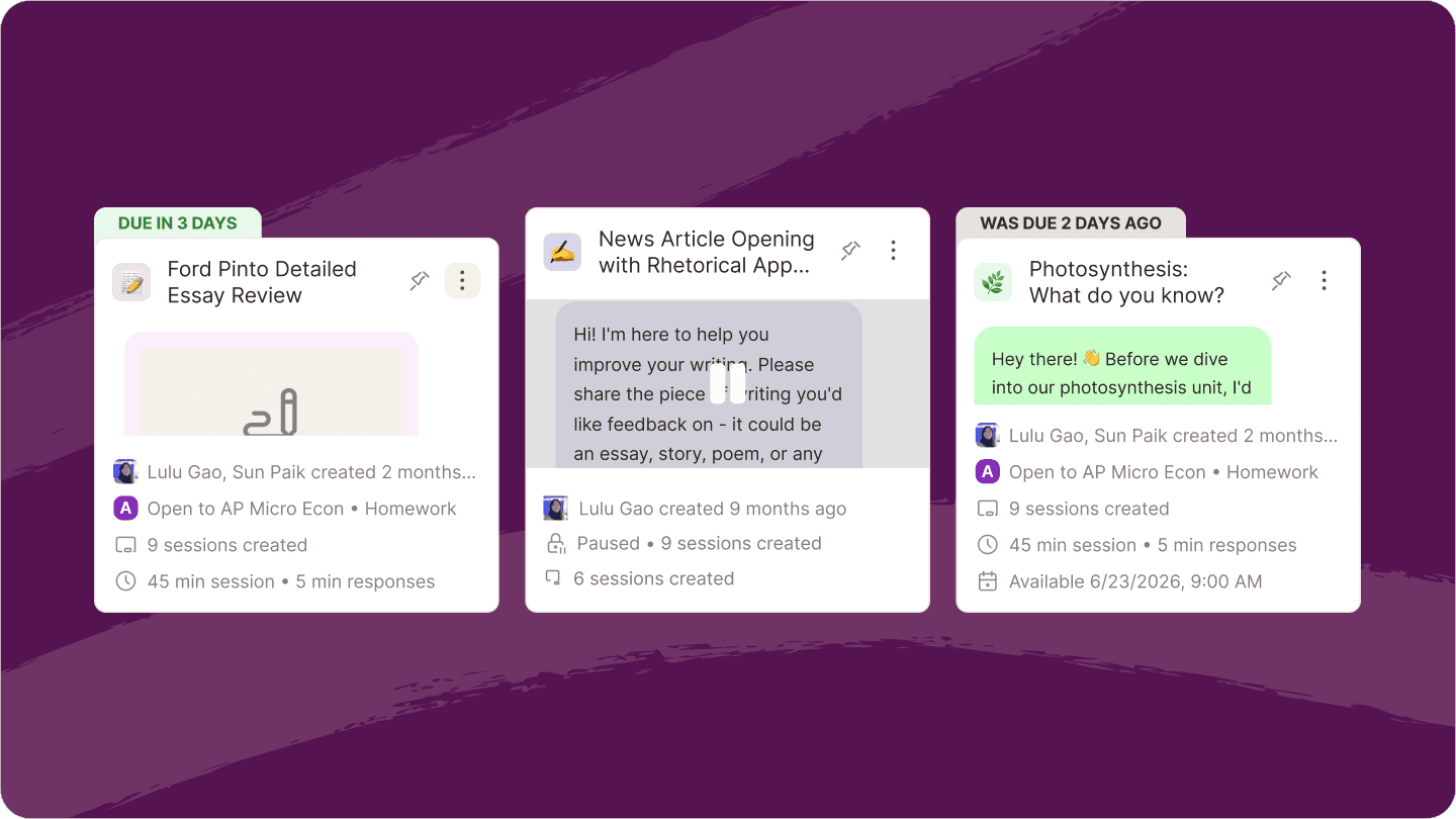Screenshots of activity due dates in Flint, that let's students easily see what is past due, paused, and upcoming in their assignments 