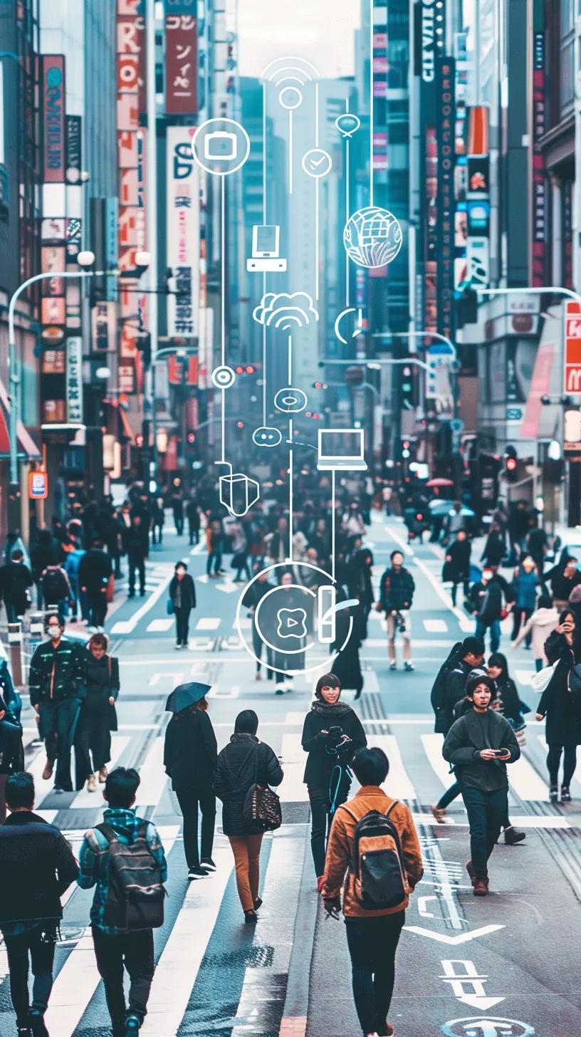 Busy urban scene with people using smartphones, highlighting network access