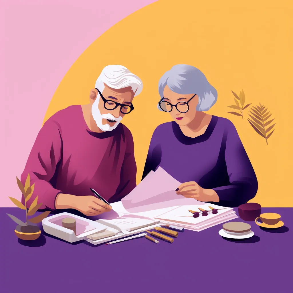 An elderly couple sitting together at a table, working on a stack of documents.