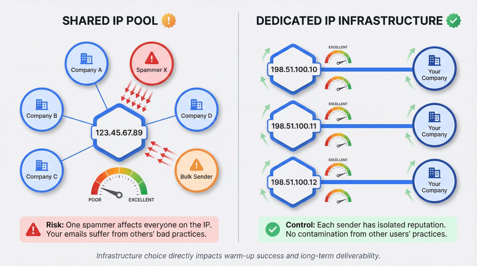 Split comparison infographic showing shared IP pool with contaminated reputation versus dedicated IP infrastructure with isolated sender control