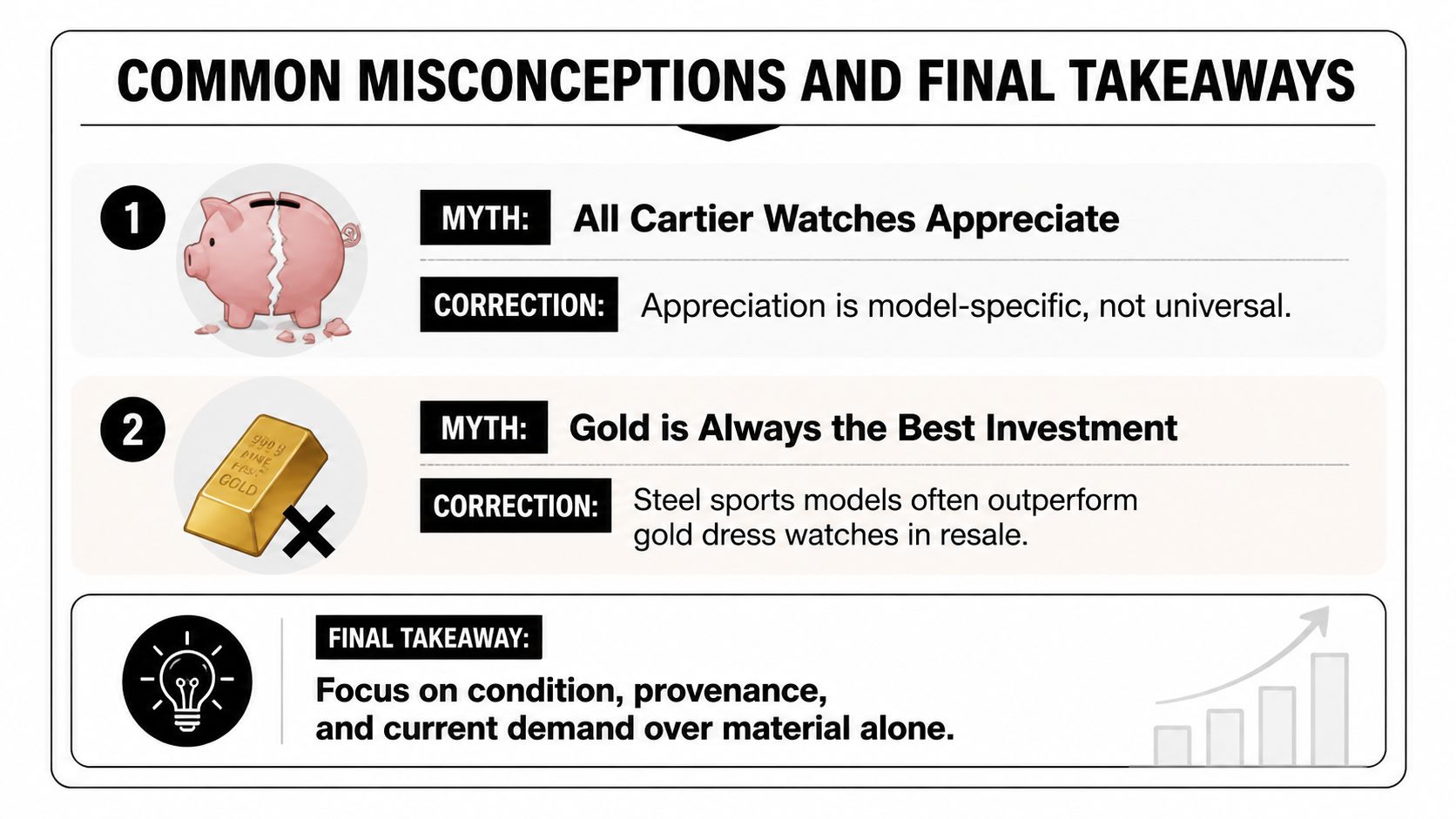 An infographic titled Common Misconceptions and Final Takeaways regarding the investment value of Cartier watches.