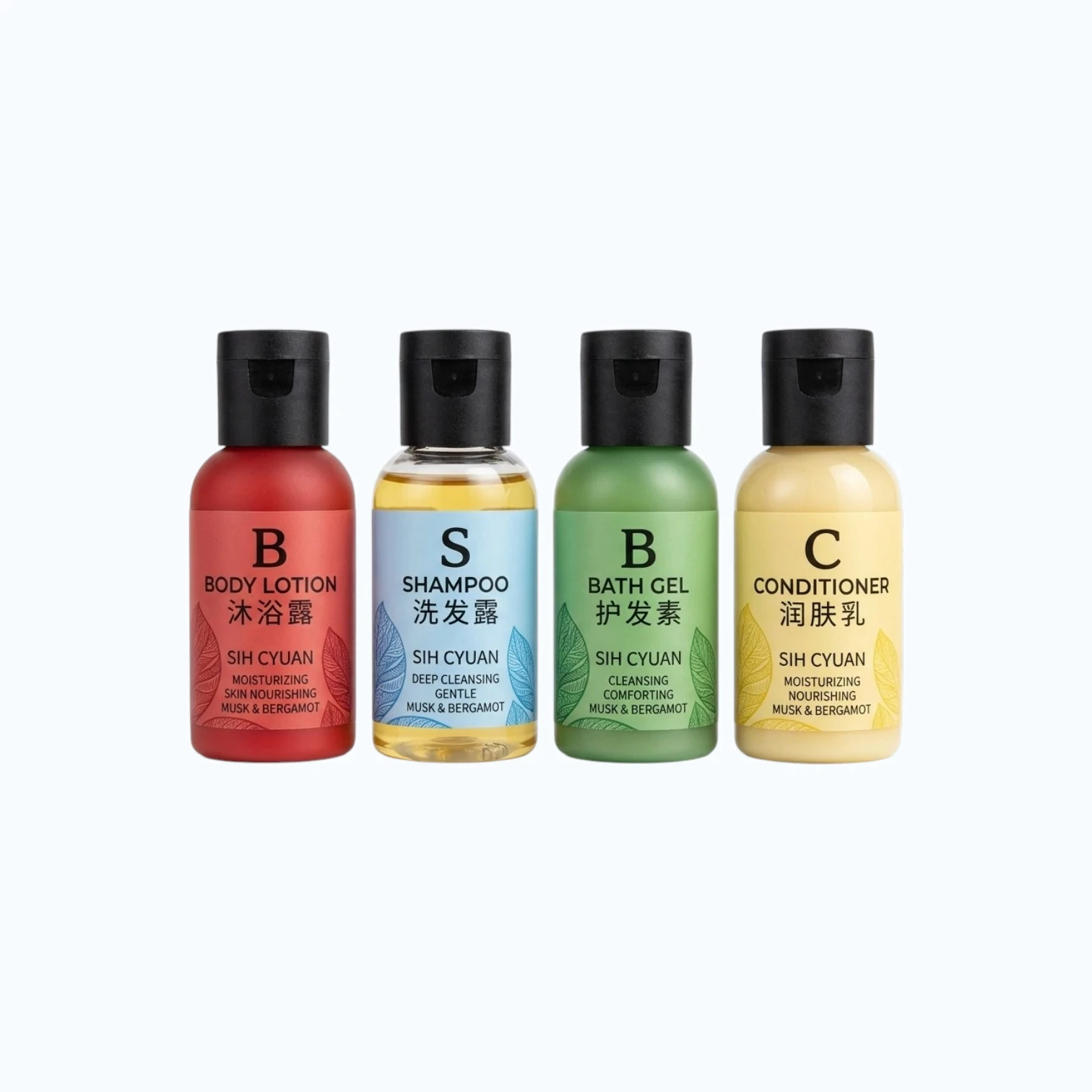 Portable travel toiletries set including hand wash and dish soap in a transparent carry bag, ideal for retail supermarket shelves and travel essentials section.