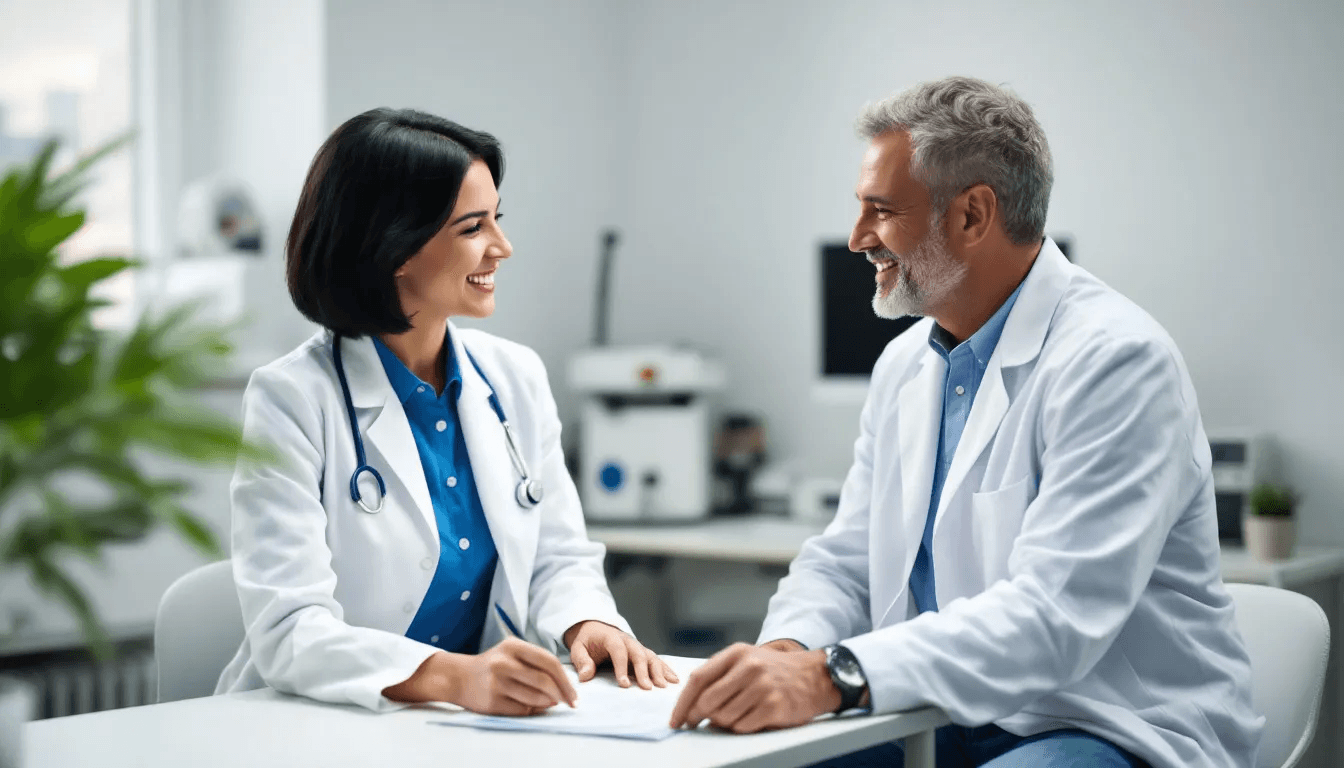 A healthcare professional is seated across from a patient, discussing various exercise options to manage chronic back pain, including the benefits of pilates exercises for improving core strength and posture. The consultation emphasizes the importance of proper posture and body awareness in alleviating tension in the lumbar region and enhancing overall joint mobility.