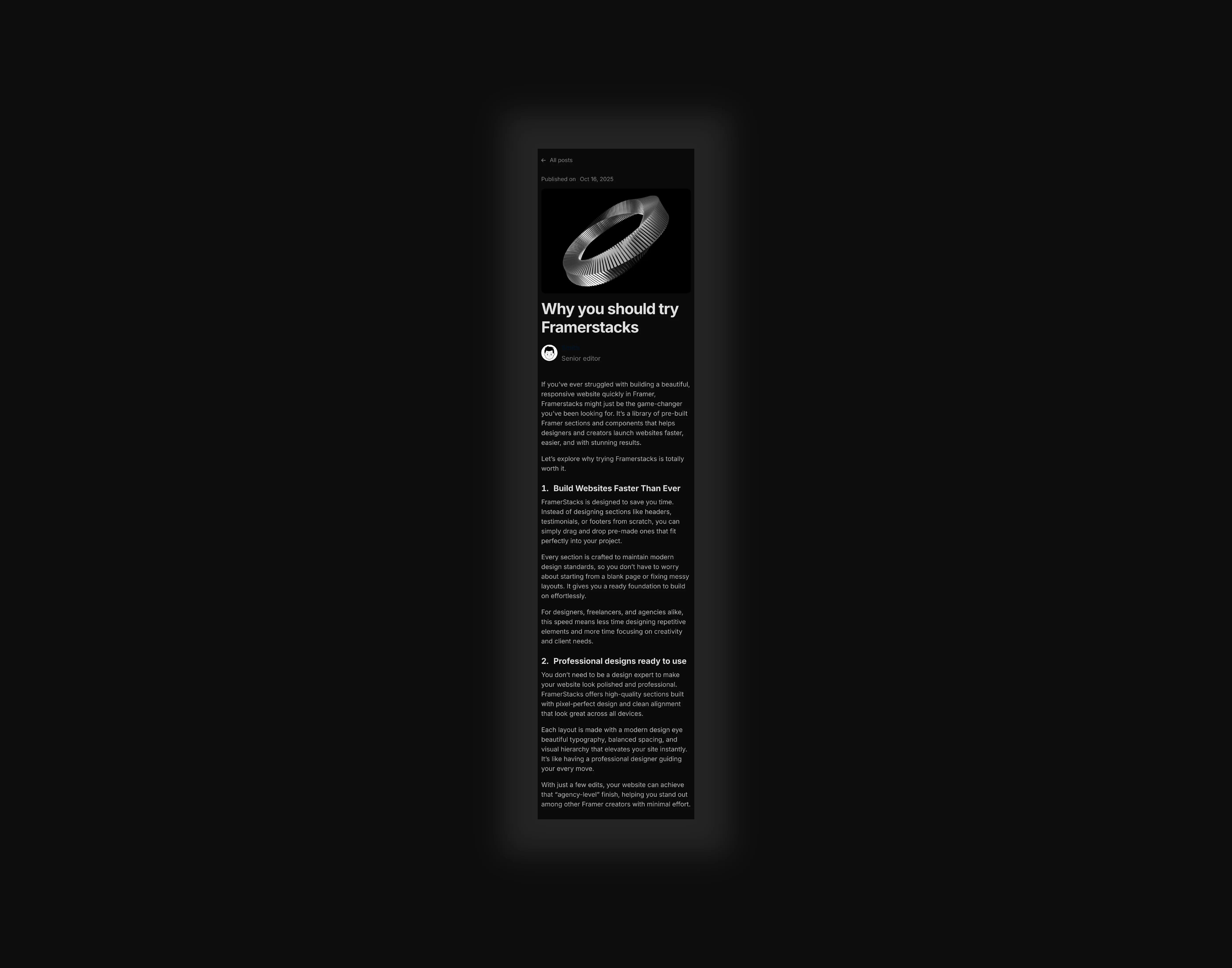 A dark themed cms blog detail page design for mobile devices