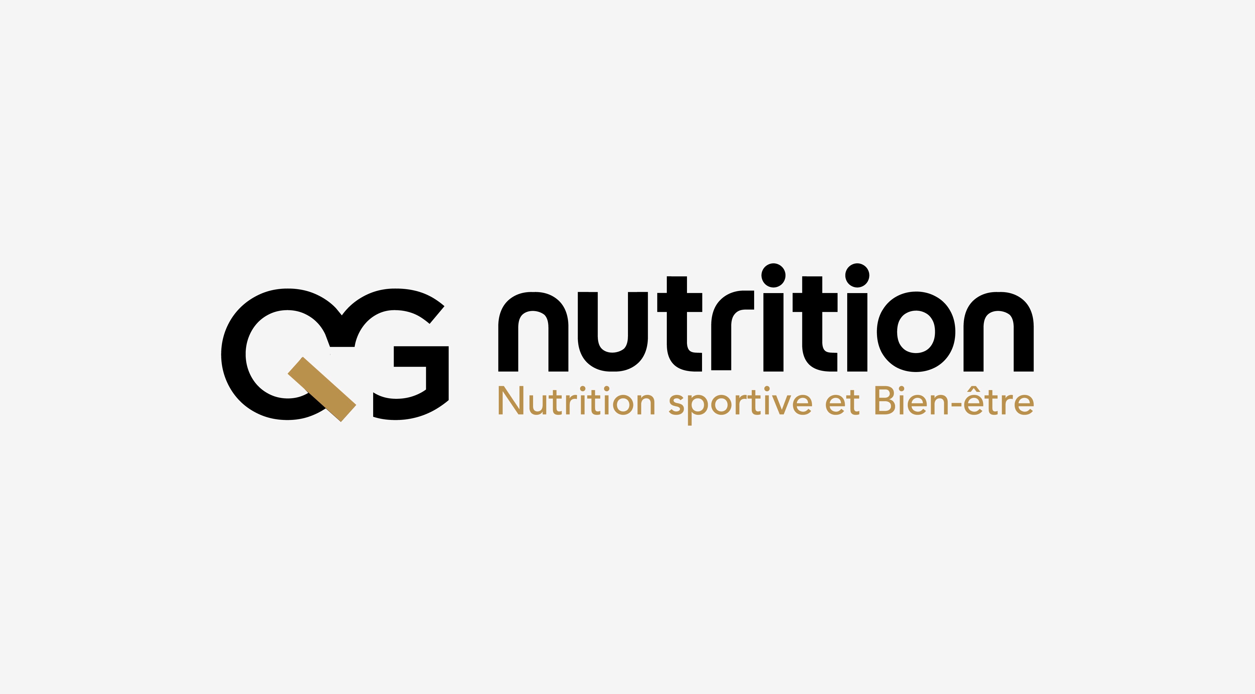 Logo et baseline pour QG Nutrition, style sportif, noir, doré et fond clair
