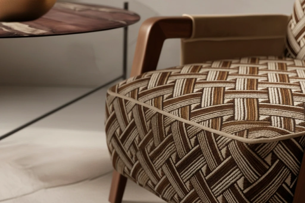 Modern armchair woody with intricated textile design 