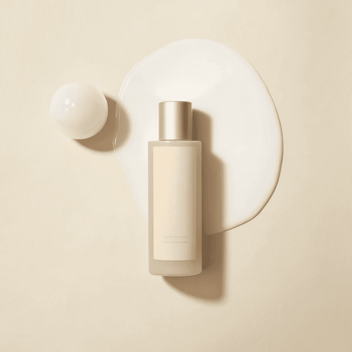 A beige bottle of skincare lotion lies on a creamy liquid spill, with a glossy white sphere beside it, set against a matching beige background.
