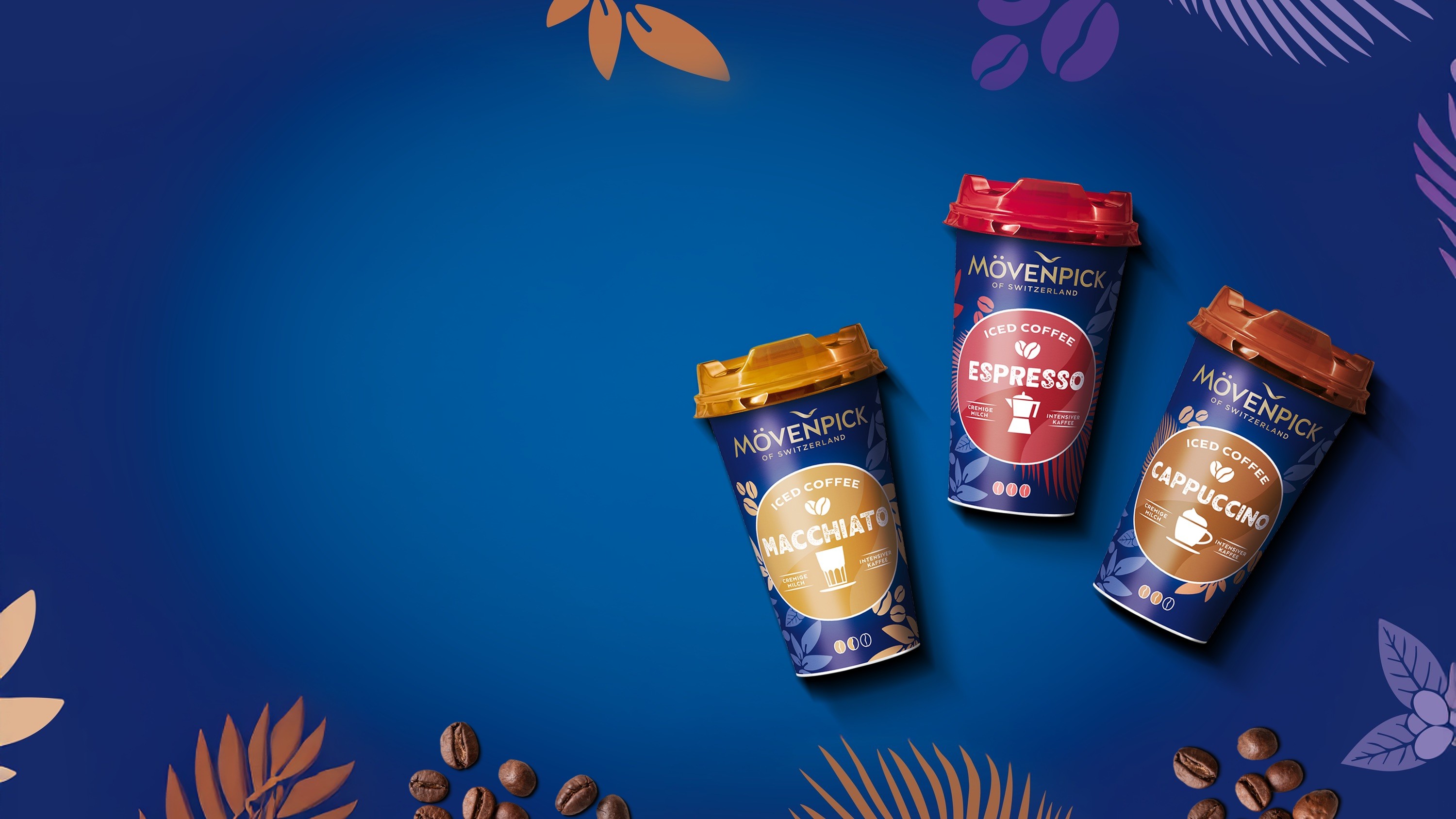 Promotional graphic for Mövenpick Iced Coffee featuring three takeaway cups labeled Macchiato, Espresso, and Cappuccino against a blue background with decorative leaves and coffee beans. On the left, text highlights the brand’s entry into Saudi Arabia, noting compliance, cold chain management, and distribution across travel, convenience, retail, and vending channels. A white button reads “Explore Case Study.”