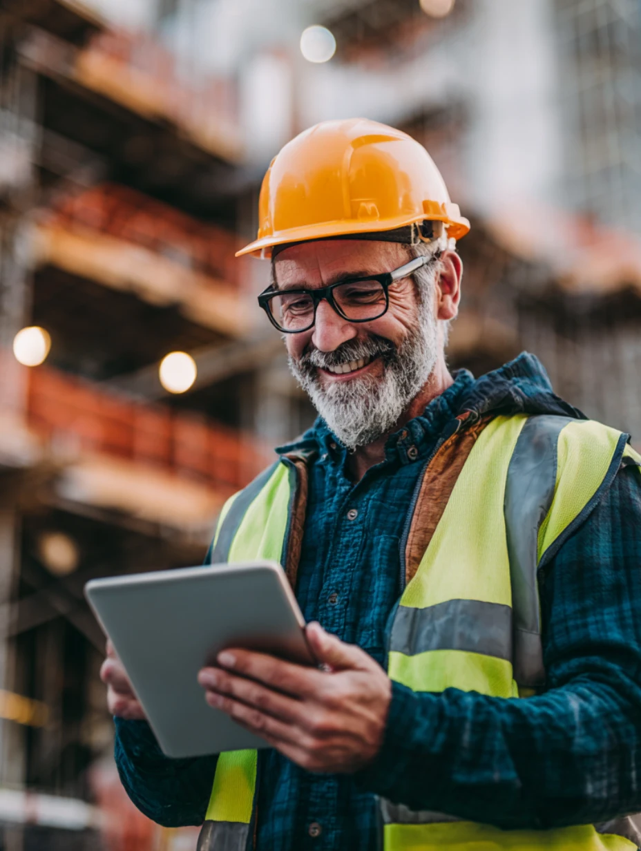 man on tablet on construction site