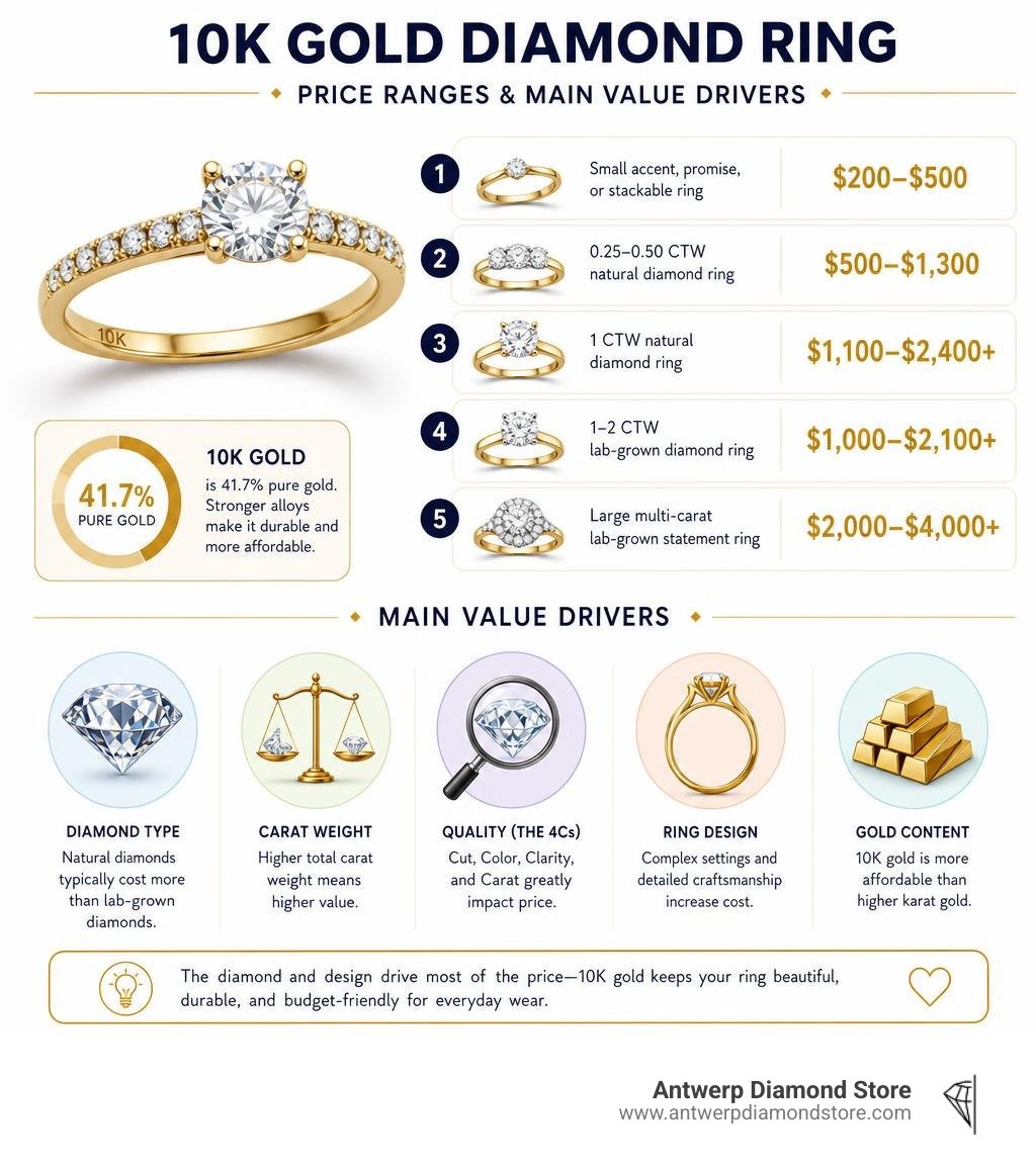 Infographic showing 10k gold diamond ring price ranges and main value drivers infographic