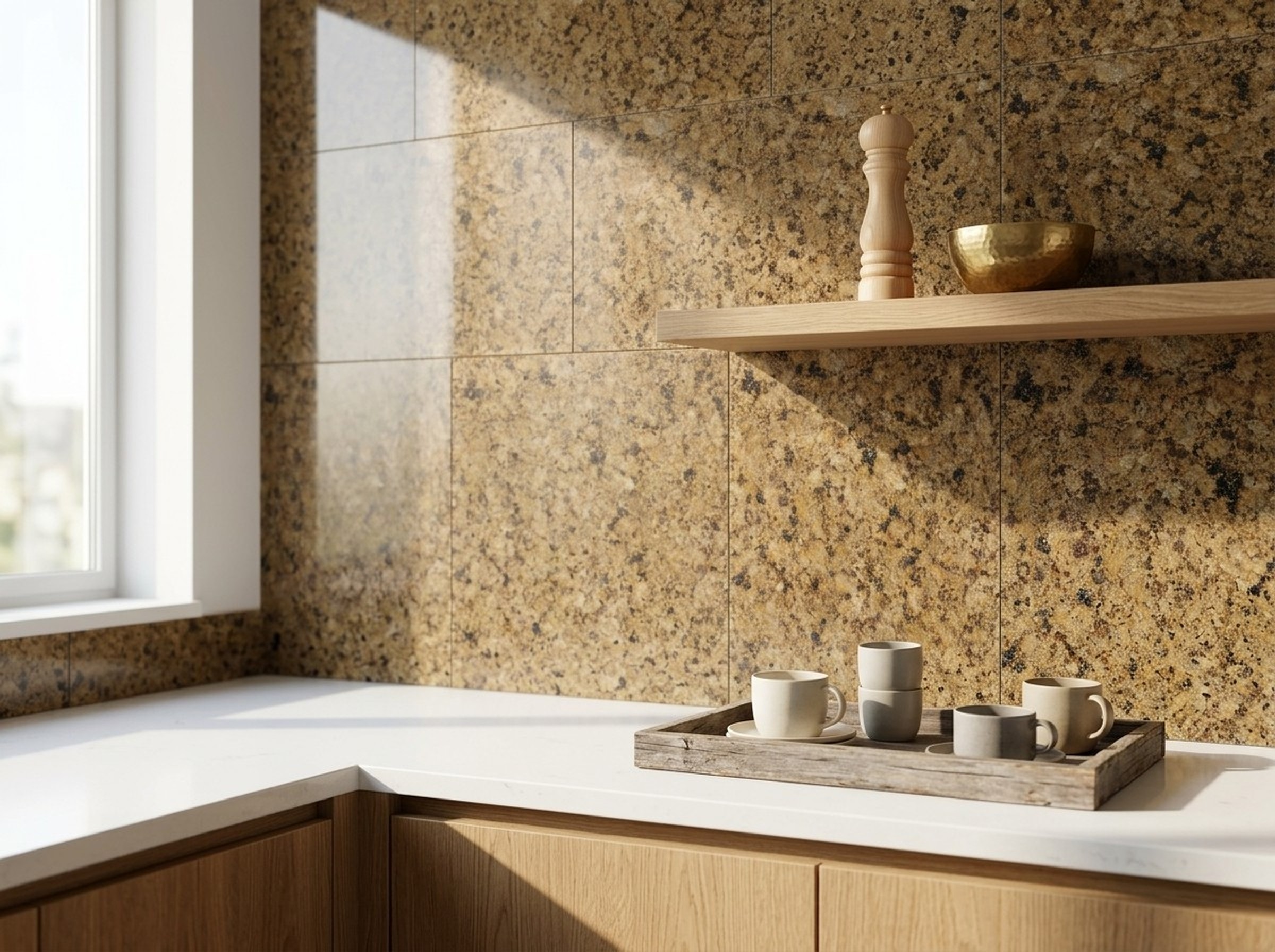 Kitchen counter and wall in Golden Leaf Polished granite with warm golden veining
