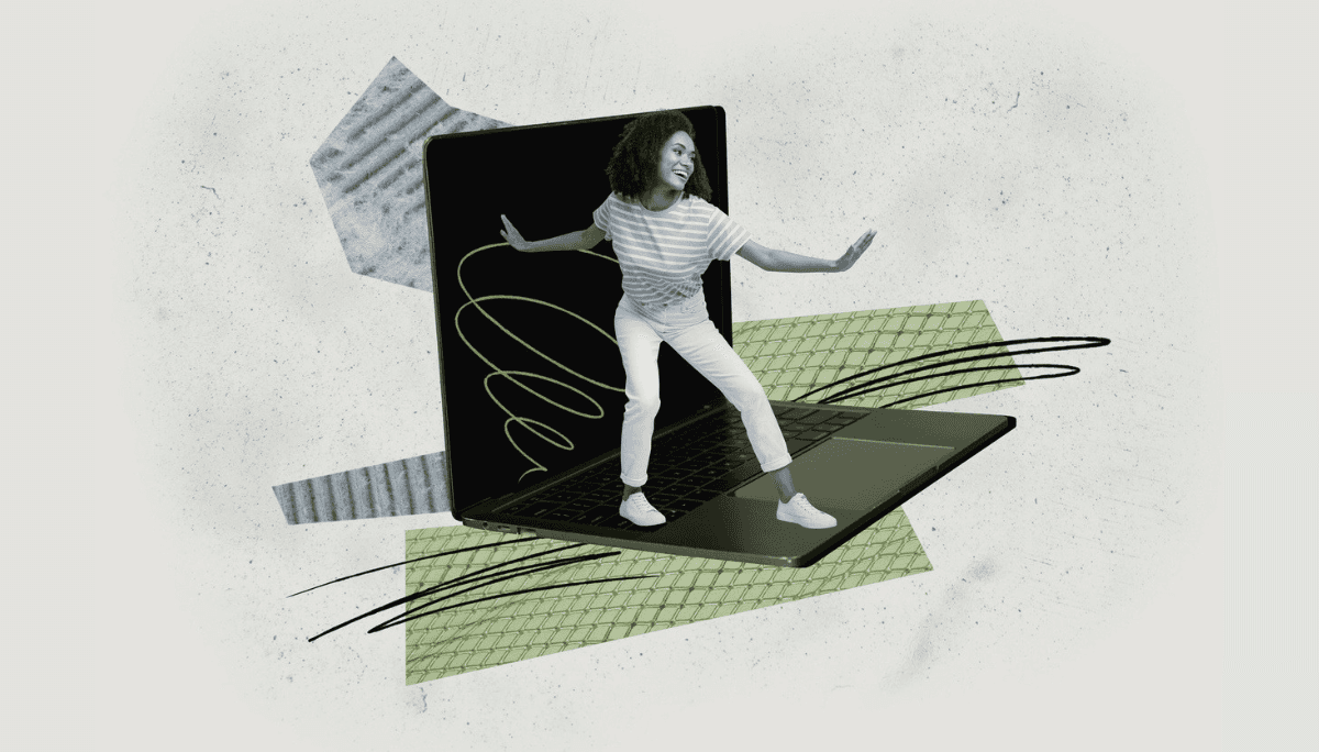 Stylized collage of a person standing on a laptop, symbolizing sourcing and hiring engineers on GitHub.