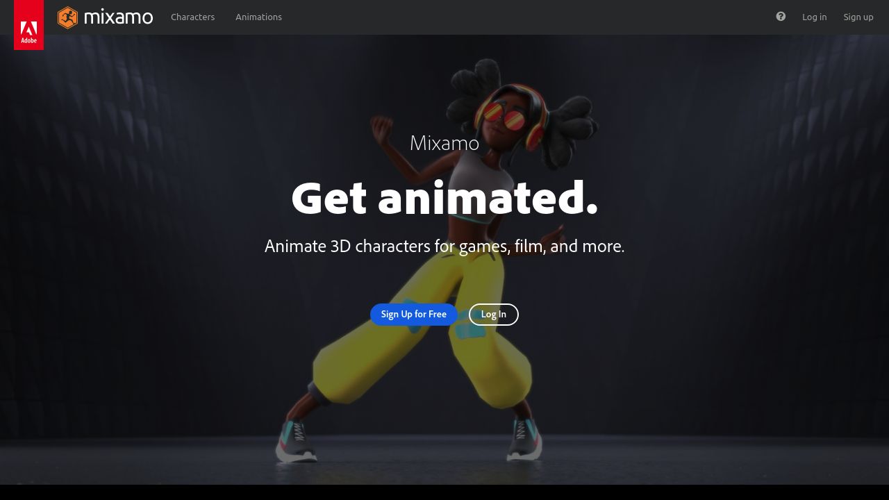 Screenshot of the Mixamo website presenting online platform for 3D character animation and rigging