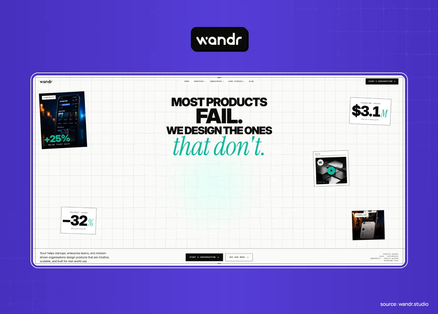 Homepage of Wandr emphasizing product design through bold typography, grid layouts, and case study highlights focused on successful digital products.