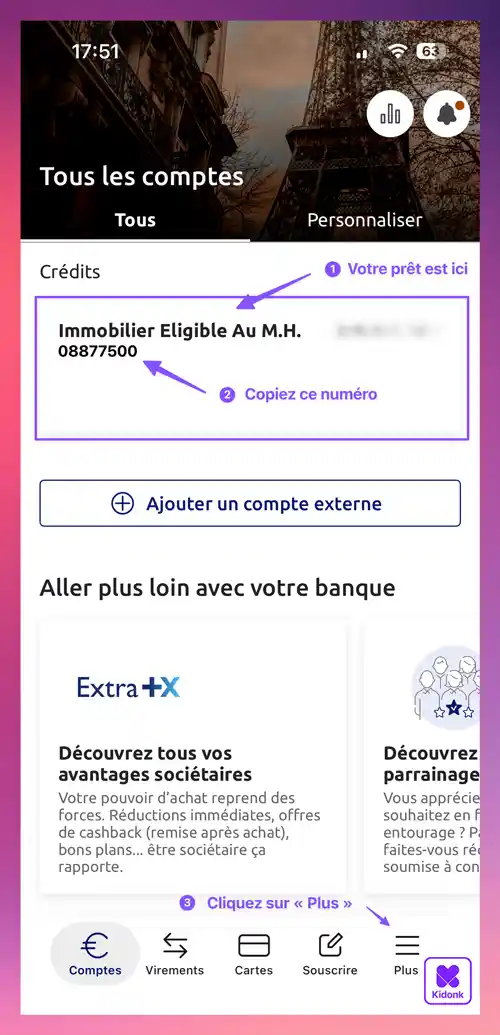 Application mobile Banque Populaire affichant un prêt immobilier souscrit