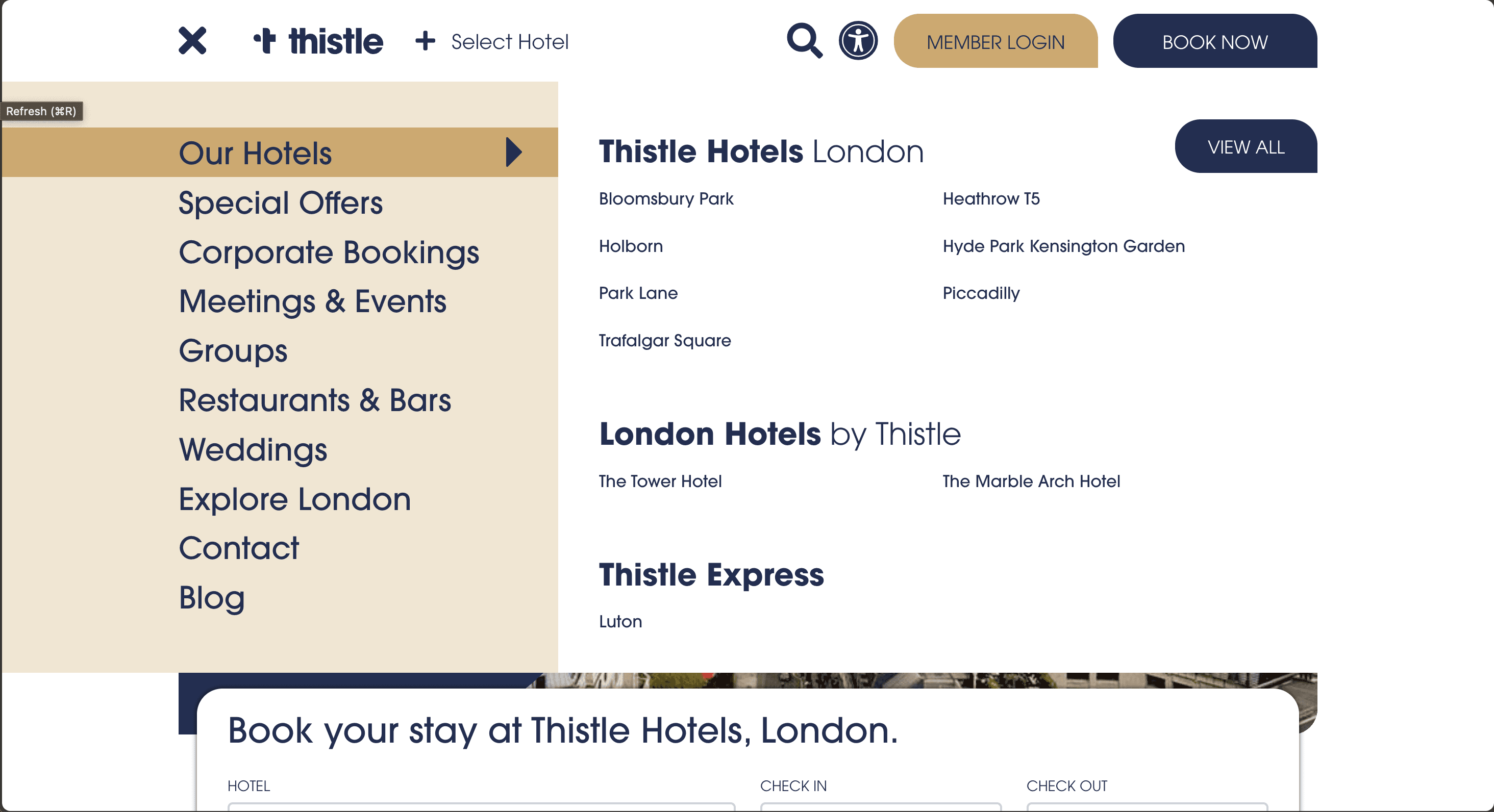 The Thistle Hotel's navigation menu