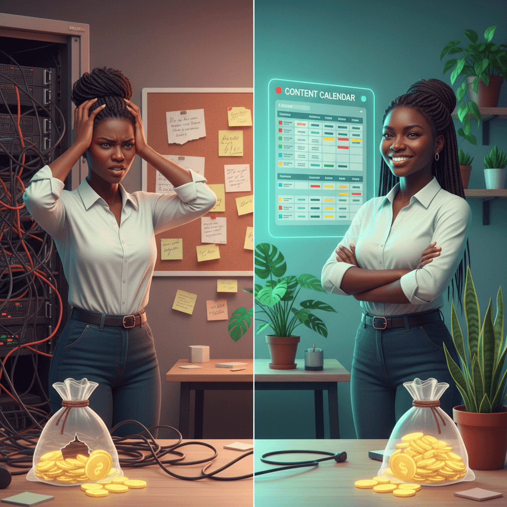 A split image depicting a small business owner. On the left side (representing 'mistake'), the owner looks stressed, surrounded by tangled wires, disorganized notes, and a digital money bag with a hole. The color scheme is muted red/orange. On the right side (representing 'solution'), the same owner looks confident and organized, with a clear content calendar on a screen, flourishing plants, and a full, secure money bag. The color scheme is vibrant green/blue. Focus on clear visual metaphors, no text overlays, diverse representation for the owner.