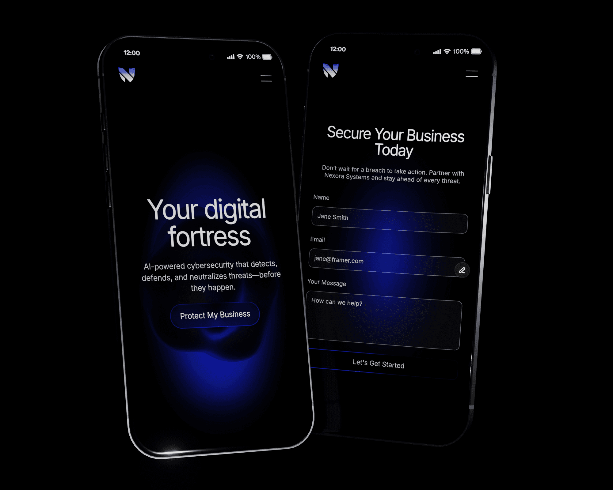 Two cellphones showing Nexora Systems's website on the screens. The cellphones are black and is featured against a plain black background.