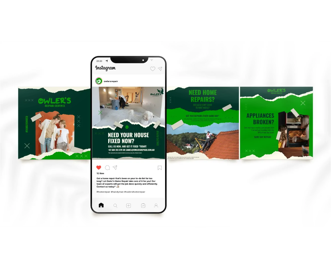 Multi-post Instagram carousel for Owler's Repair Service by Made by Campfire, showcasing integrated brand identity across home repair, roof maintenance,