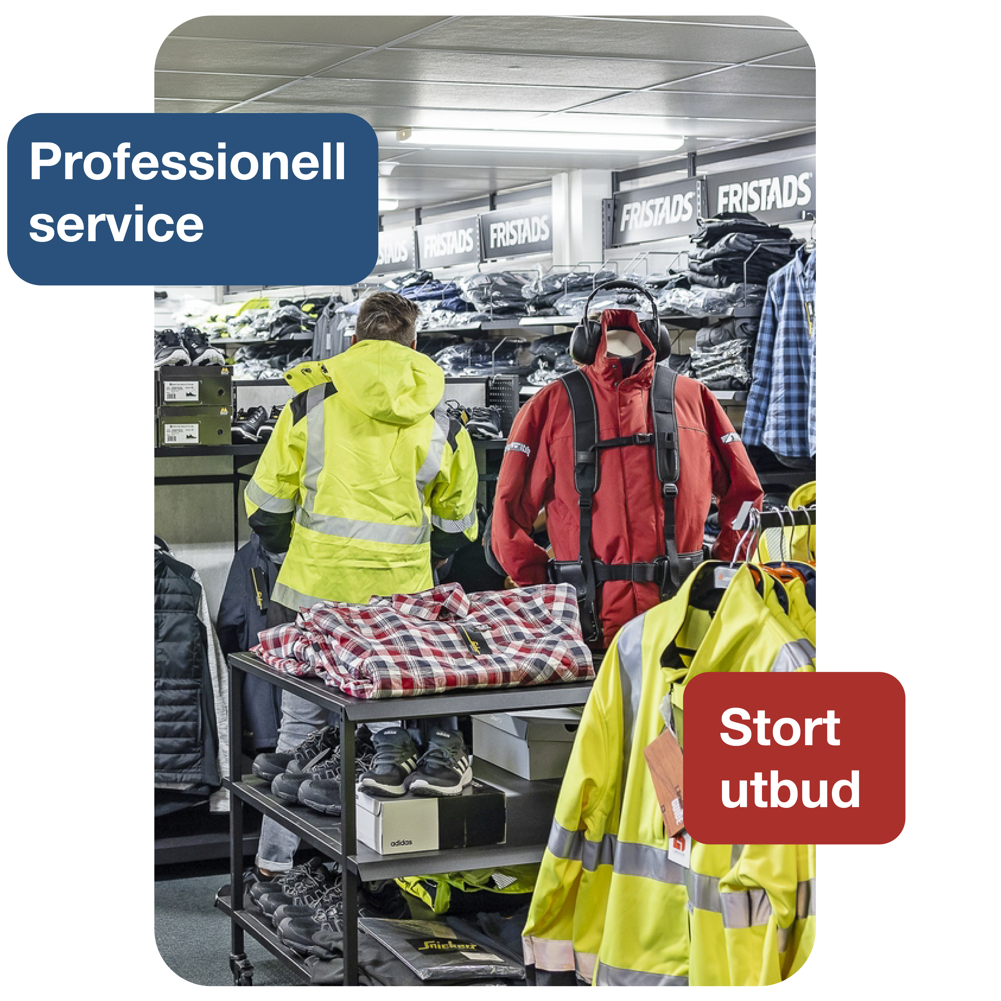 Kund granskar arbetskläder och varselkläder i 4Signs butik, brett utbud av profilprodukter.