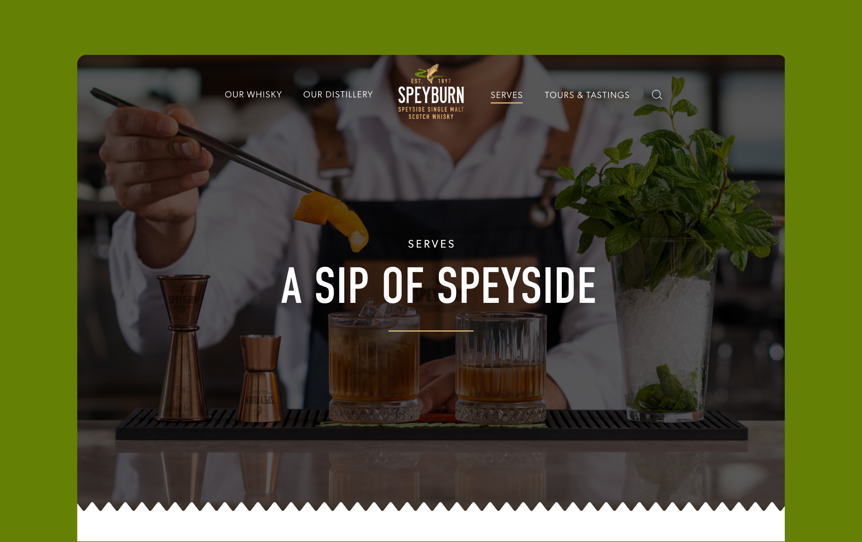 Screenshot of Speyburn Whisky Serves landing page banner with man creating a cocktail