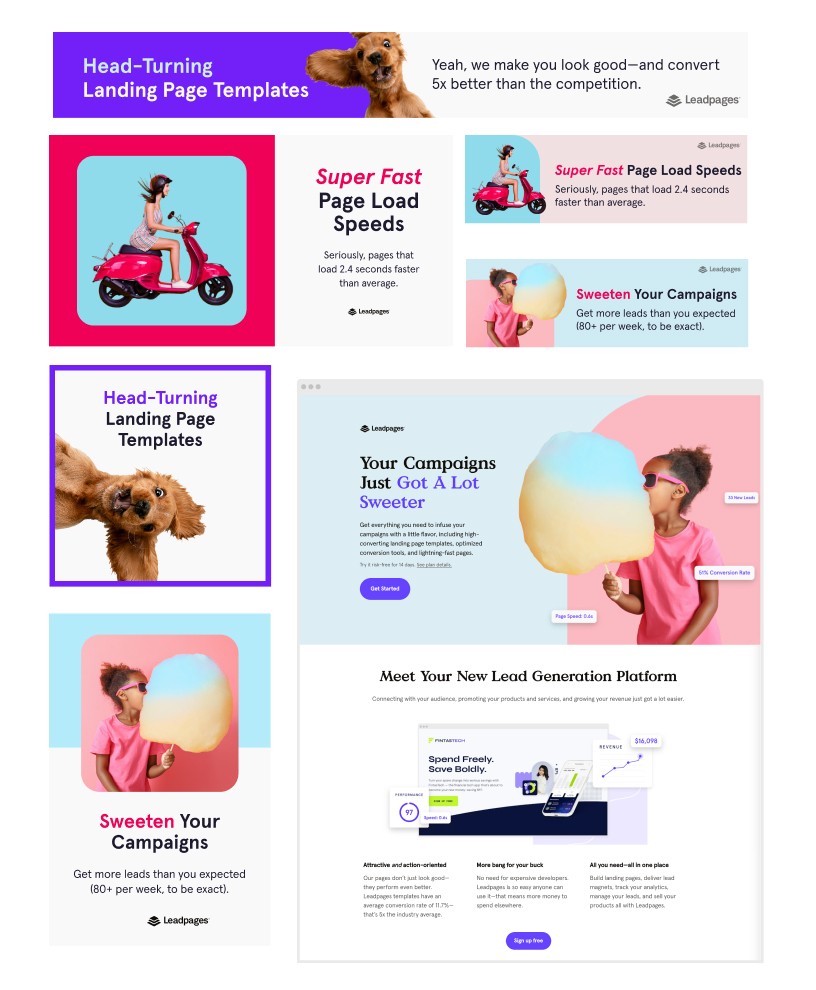 Multiple ads on a webapge that showcase a Leadpages advertising campaign