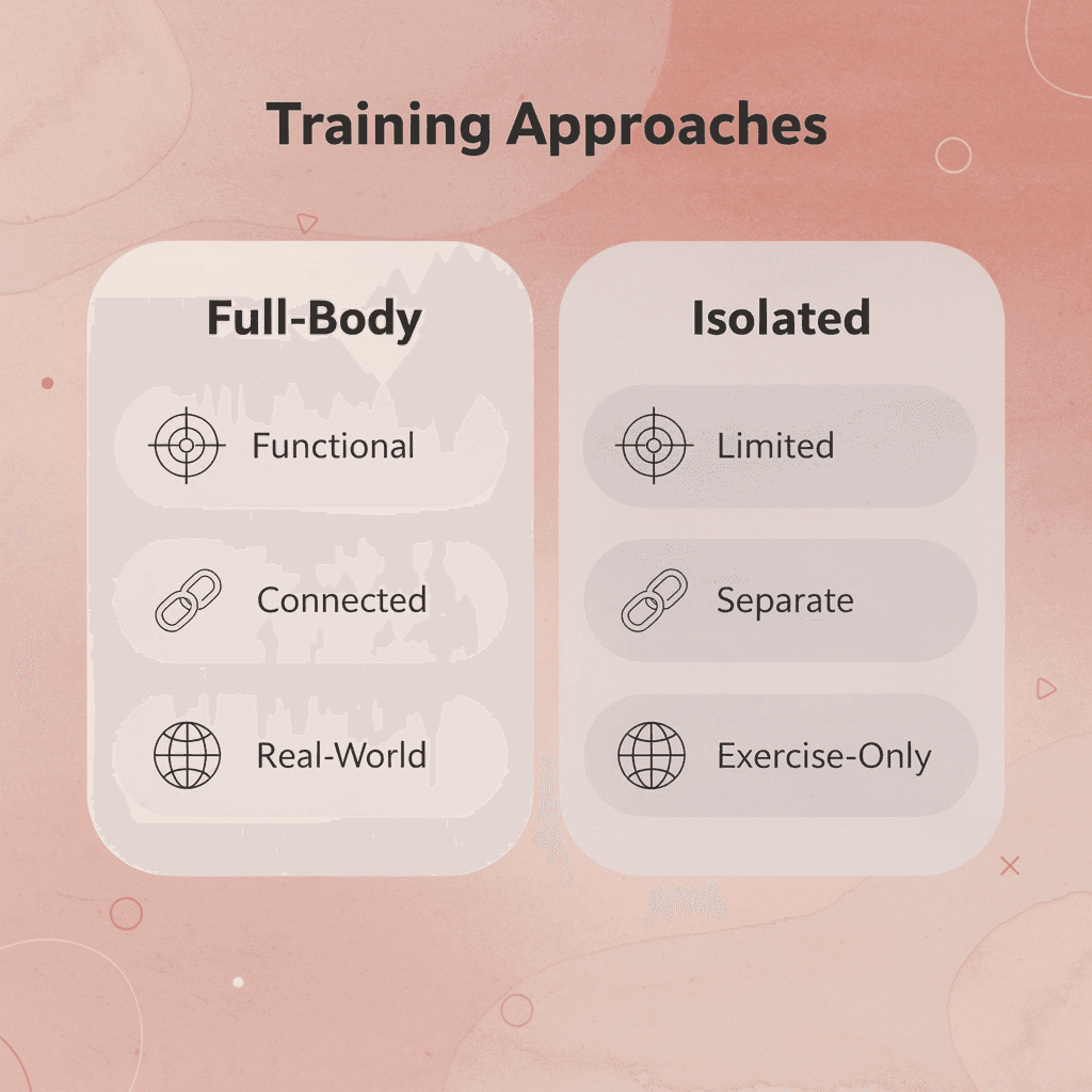 Comparison chart showing full-body vs isolated training approaches