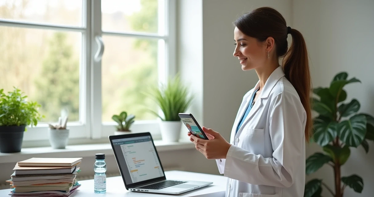 Nutricionista usando software no celular ao lado do computador com agenda cheia